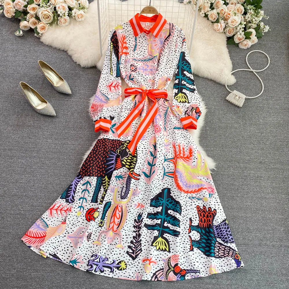 Spot Sales ANSZKTN ANSZKTN Woman Clothes Wholesale ANSZKTN Apparel Elegant Floral Casual Dresses Retro Lapel Long Sleeve Dress