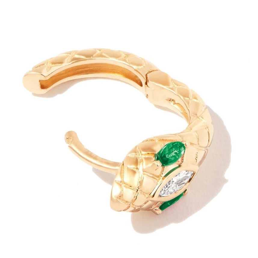 Gemnel hot selling 925 silver 14k gold emerald eyes pave diamond snake huggie animal hoop earrings