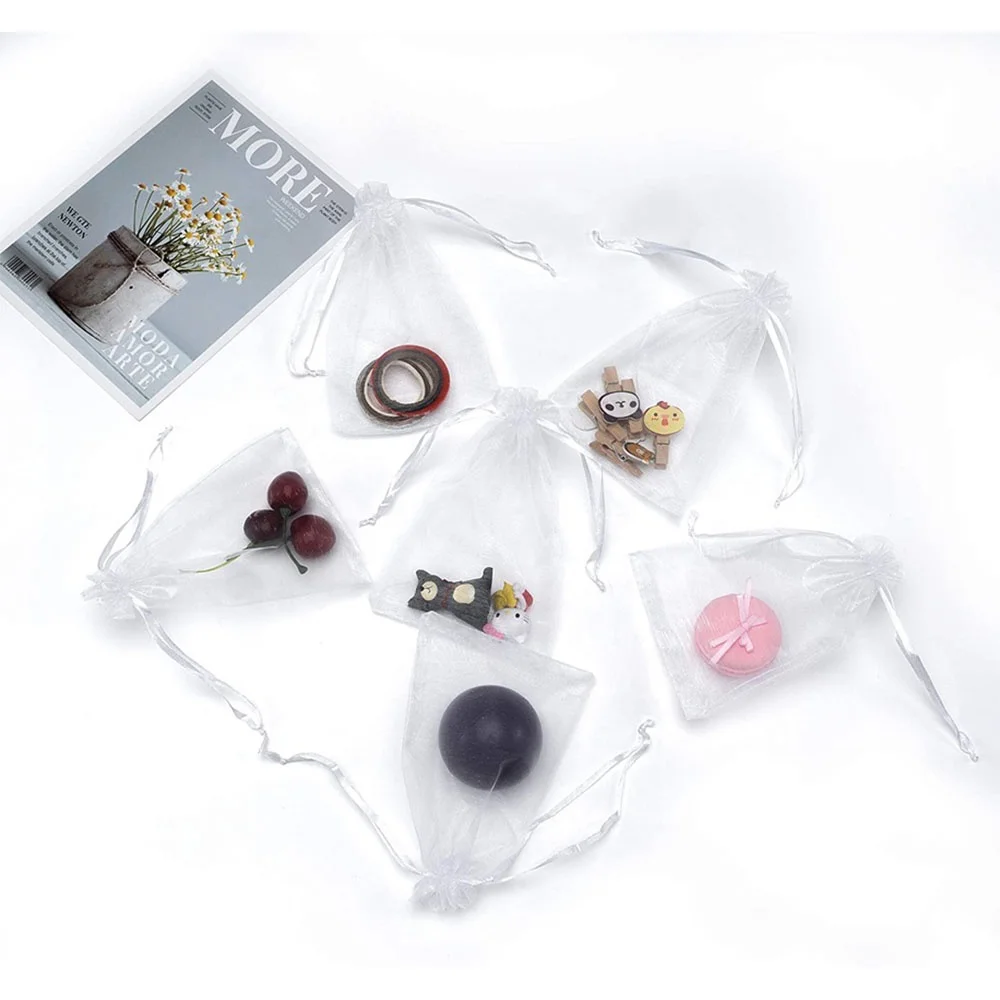 Silver Drawstring Organza Gift Pouch Custom Organza Packaging Bag With Printed Ribbon gift Jewelry bag