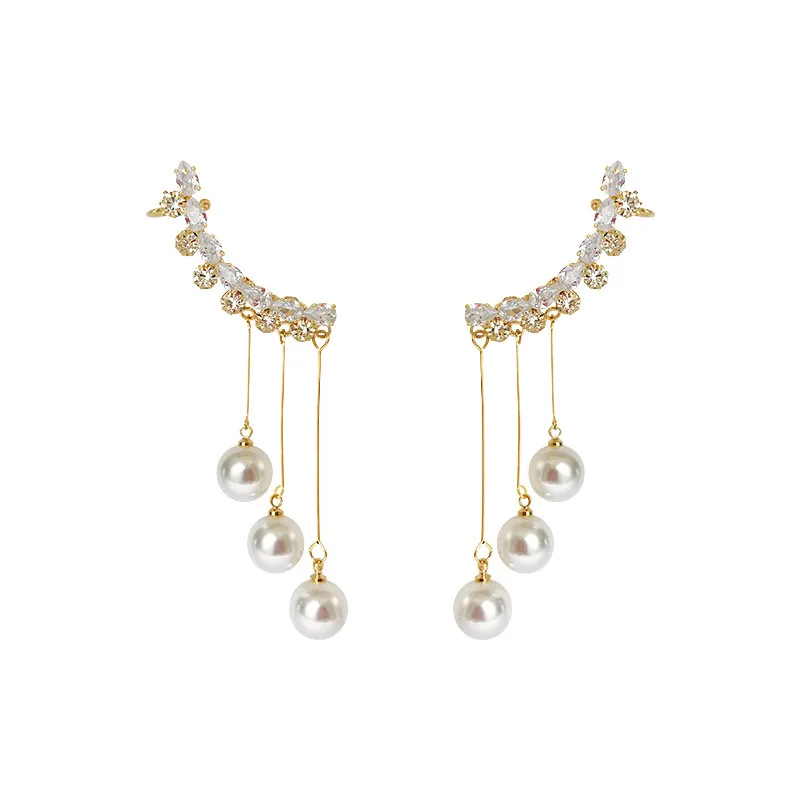 925 Silver Needle Personality Fashion Crystal Pearl Earrings For Women Temperament Tassel Pearl Cuff Earring Jewelry