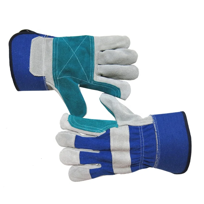 Yellow cow split leather Patch palm Yellow cotton drill back.Rubberized cuff.Half lining gloves luvas guantes Warehouse