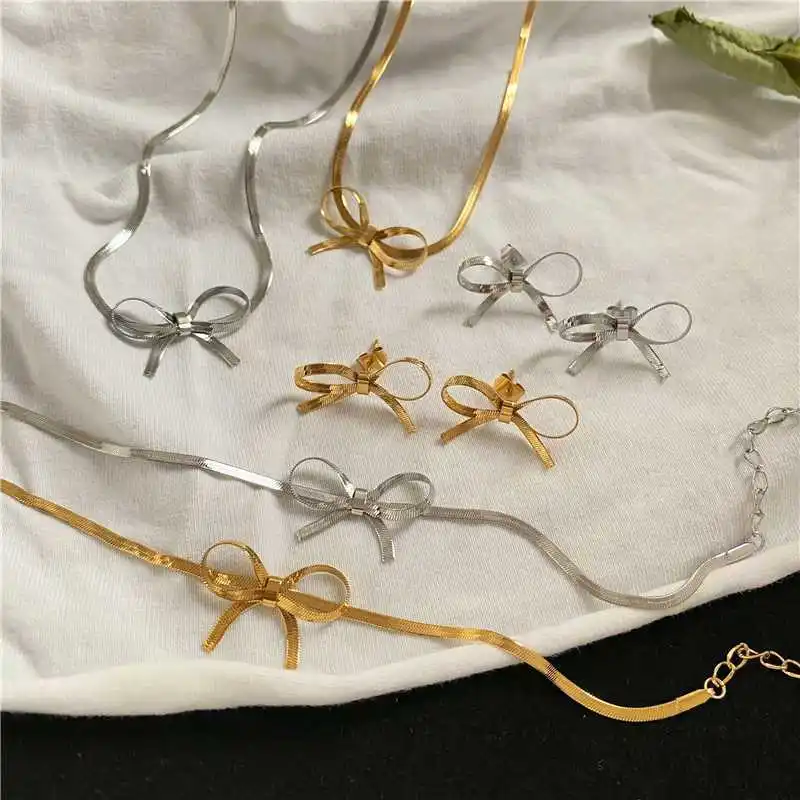 18k Gold Stainless Steel Flat Snake Chain Butterfly Knot Bow designer Earrings Jewelry set For Women necklace bracelet jewelry
