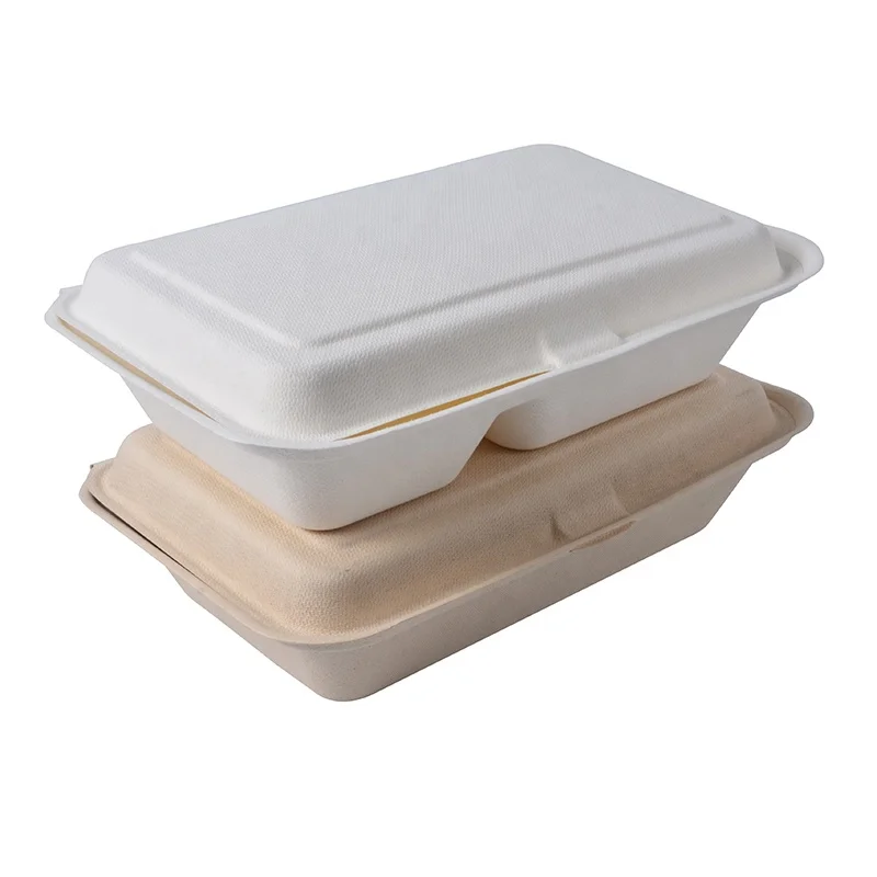 Disposable clamshell food containers compostable sugarcane bagasse lunch box plate dish oval round white & brown