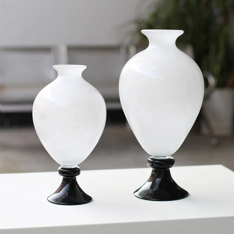 Bixuan Handblown Glass Vase Home Decor Table Centerpieces White Jar Shape Black Stand Large Tall Glass Wedding Flower Vases