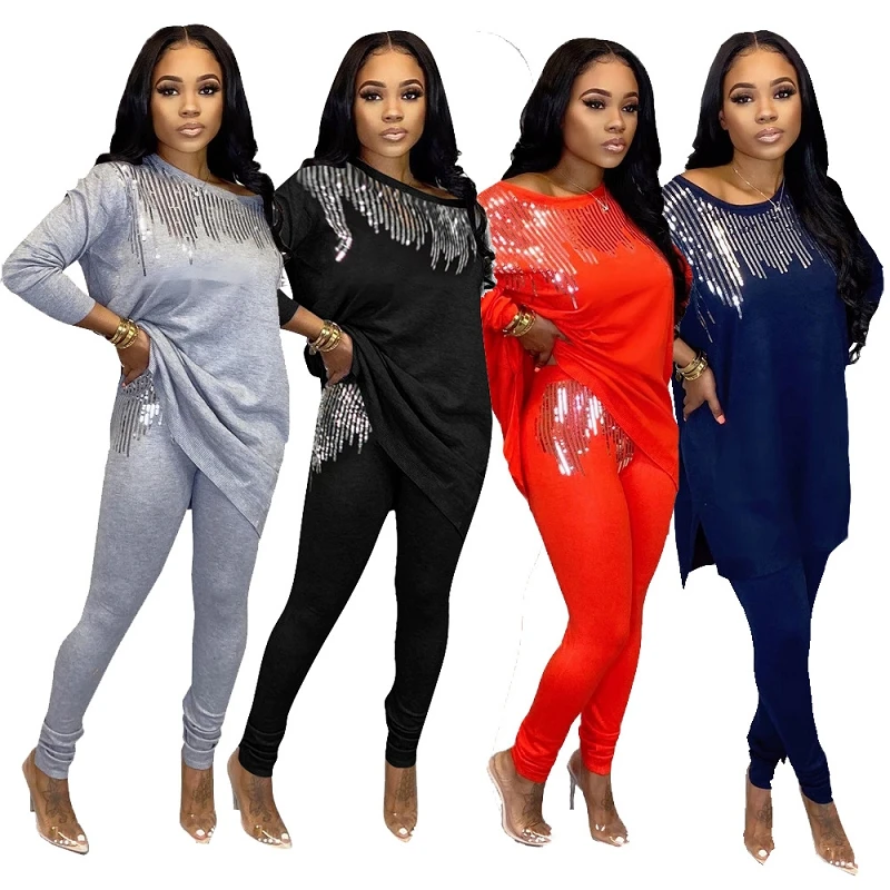 MD-20111806   Wholesale womens boutique clothing winter women two piece set ladies loose casual sequin 2 piece set women