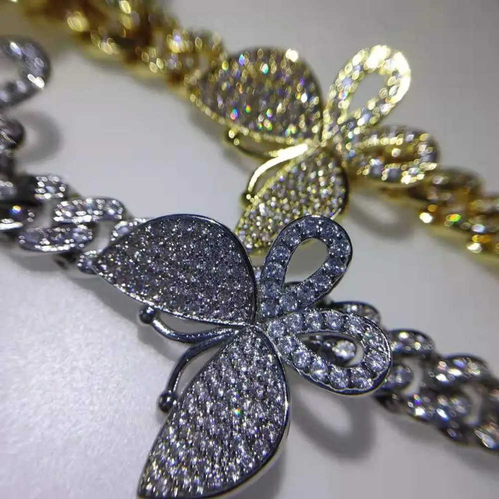 
Top Sale Women Fashion Jewelry Clear CZ Butterfly Cuban Link Chain Necklaces Iced Out Butterfly Necklaces 