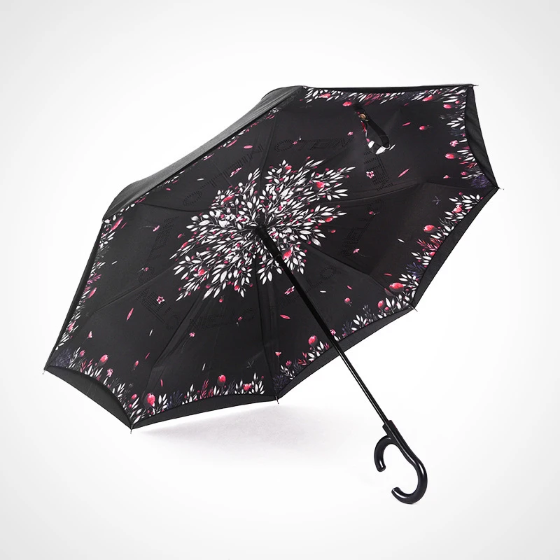 ZD076 Double Layer Automatic Open Inverted Parasol Windproof Travel Rain Sun Bumbershoot Creative C Shaped Handle Car Umbrella
