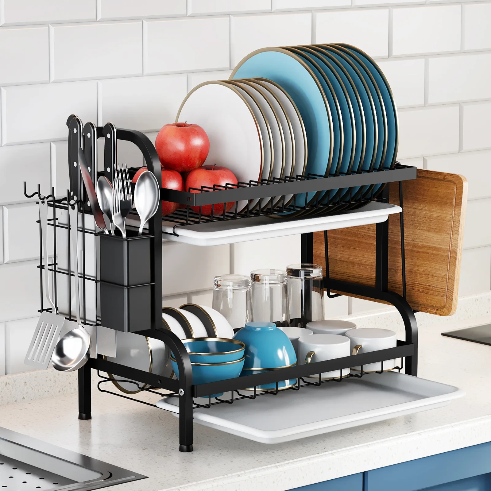 Hot Selling Carbon Steel Black 2 Tier Tableware Dish Drying Drainer Dryer Rack with Cutlery Holder