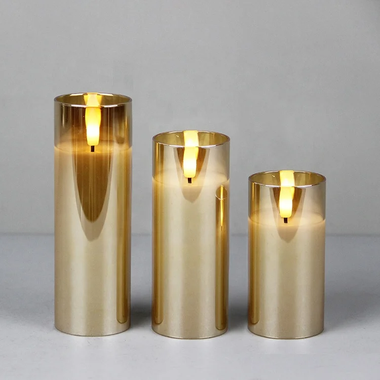 Christmas Decor Gold Flickering Real Look 3D Wick Flameless Battery Operated LED Candle in Glass