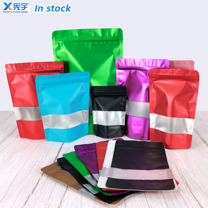 Colored Aluminum Foil Standing Zipper Bag With Window Packaging Food White Matte Zipper Mylar Pouch For Biscuit Candy