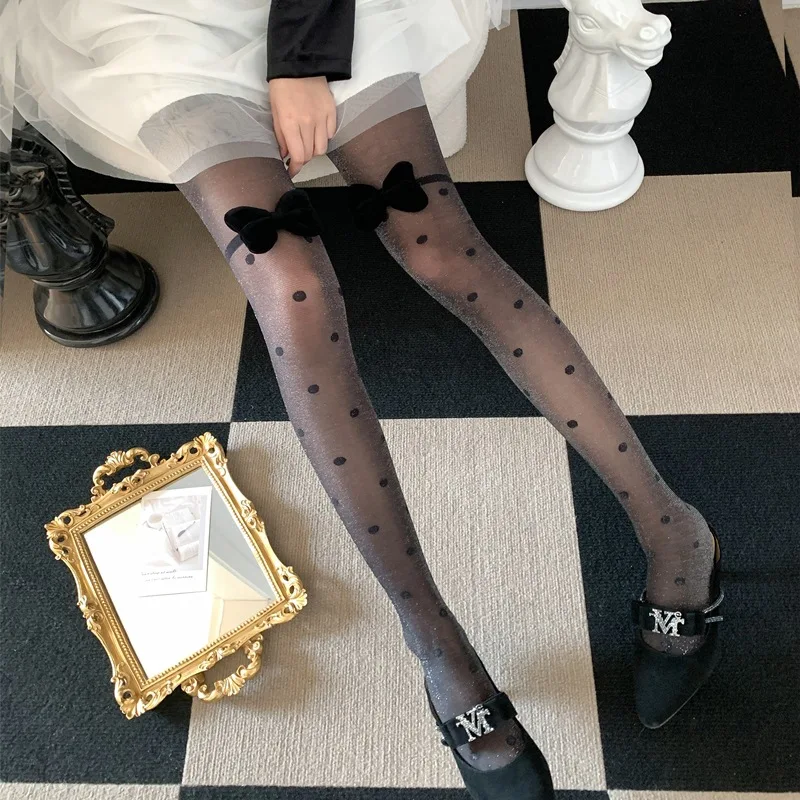 insHot girl pure desire style design black micro-transparent stockings silver onion wave polka dot velvet bow pantyhose