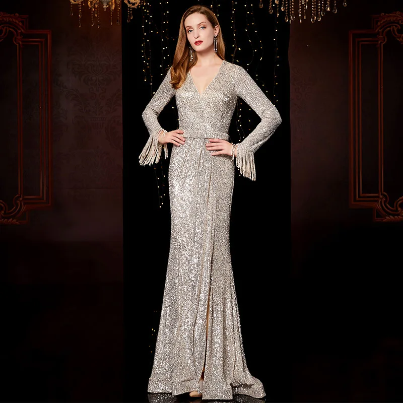 High end ladies sparkling long sleeve long sequined mermaid party dressing evening gowns dropshipping fullfill