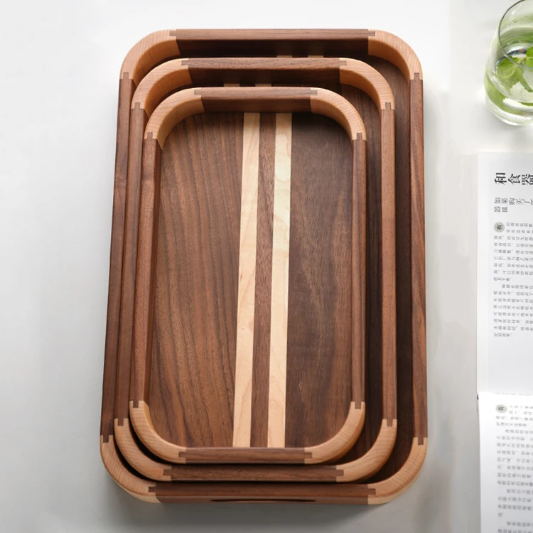 Wholesale Custom Kitchen Home Decorative Rustic Wooden Coffee Food Serving Walnut Tray