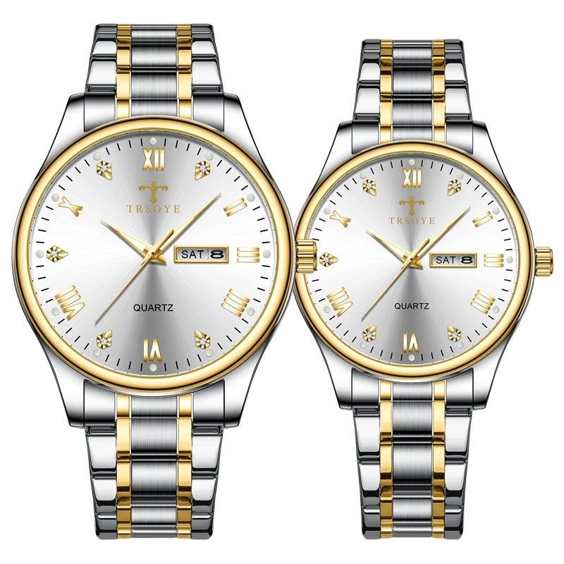 New Stainless Steel Band Mens Women quartz Wrist Luxury Gold Couple Watch for Set Lovers Brand Fashion Relojes-hombr Reloj Mujer