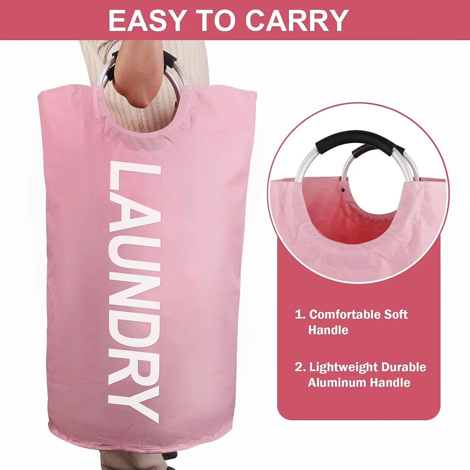 Skymoving New Custom Pink Large Dirty Laundry Basket Foldable Clothes Organizer Fabric Storage Laundry Hamper Bag with Handle