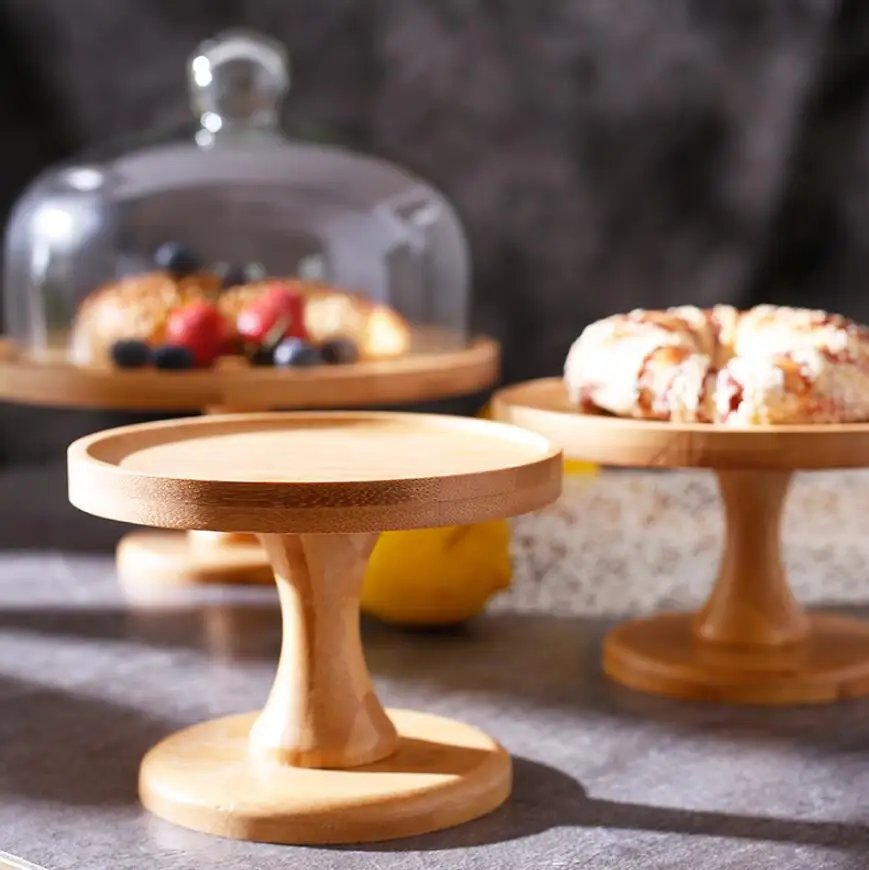 Natural bamboo fruit plate dessert plate creative transparent glass cover cake tray bread plate dessert table display stand