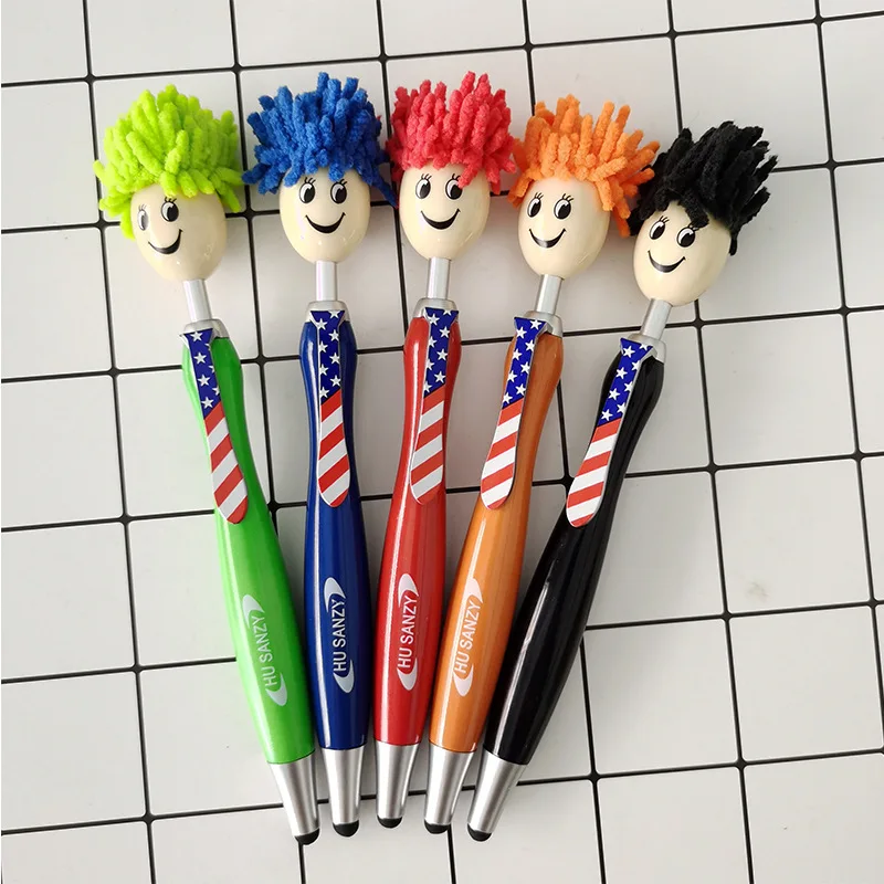 American flag tie design carton smile face doll Hair head touch screen wipe mop ball pen with logo