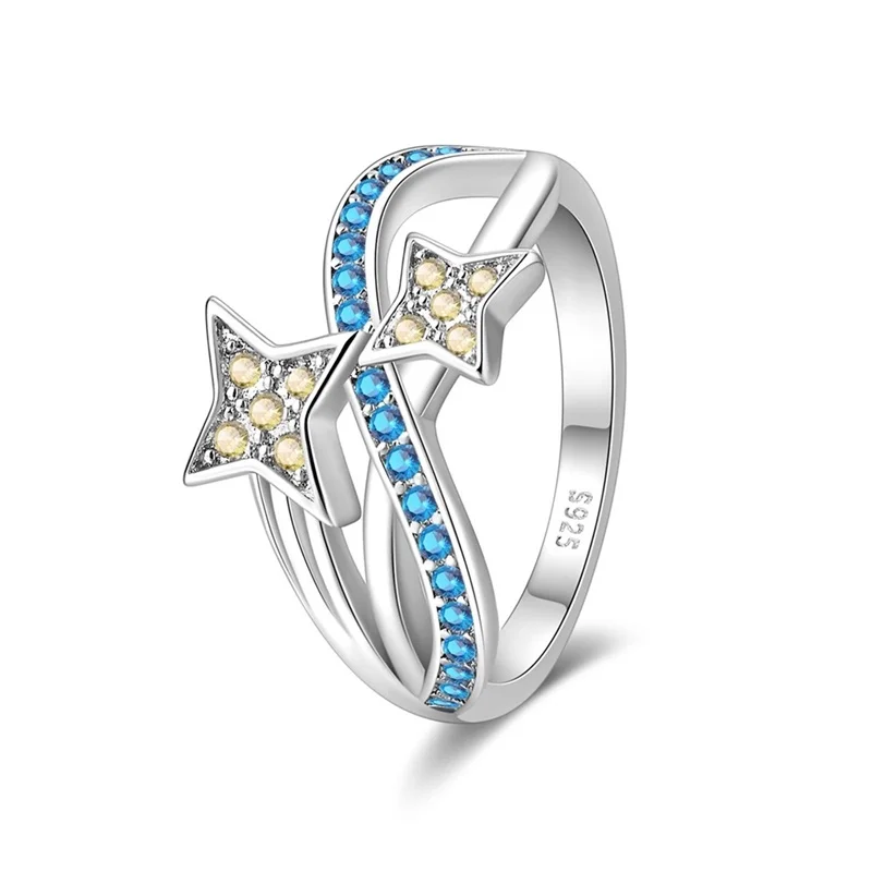 100% 925 Silver Square Zircon Blue Star Moon Sun Galaxy Series Original Charm Sparkling Fashion Rings Europe Jewelry Wholesale