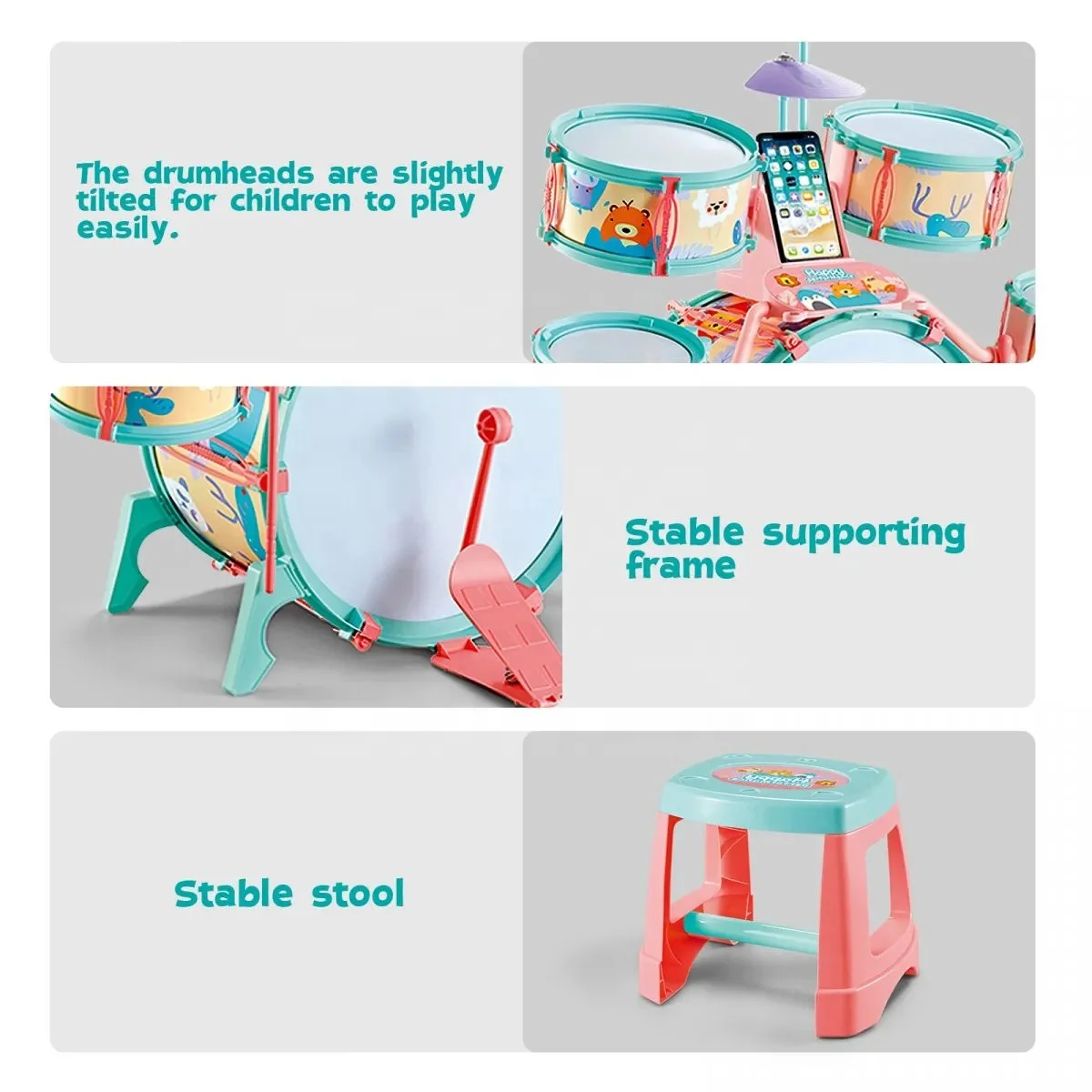Children Jazz Drum Play Set with Stool Cartoon Educational Musical Instrument Toys Multifunctional Jazz Drum Set Toy for Kids