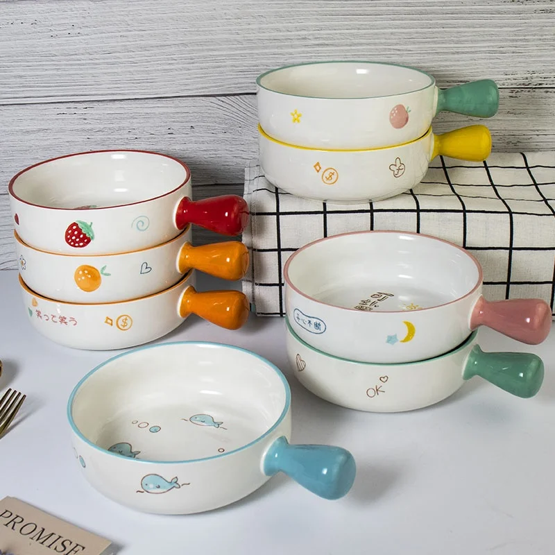 Cute Ceramic Porcelain Dessert Cereal Fruit Salad Soup Bowl with Handles for Home Party and Kitchen