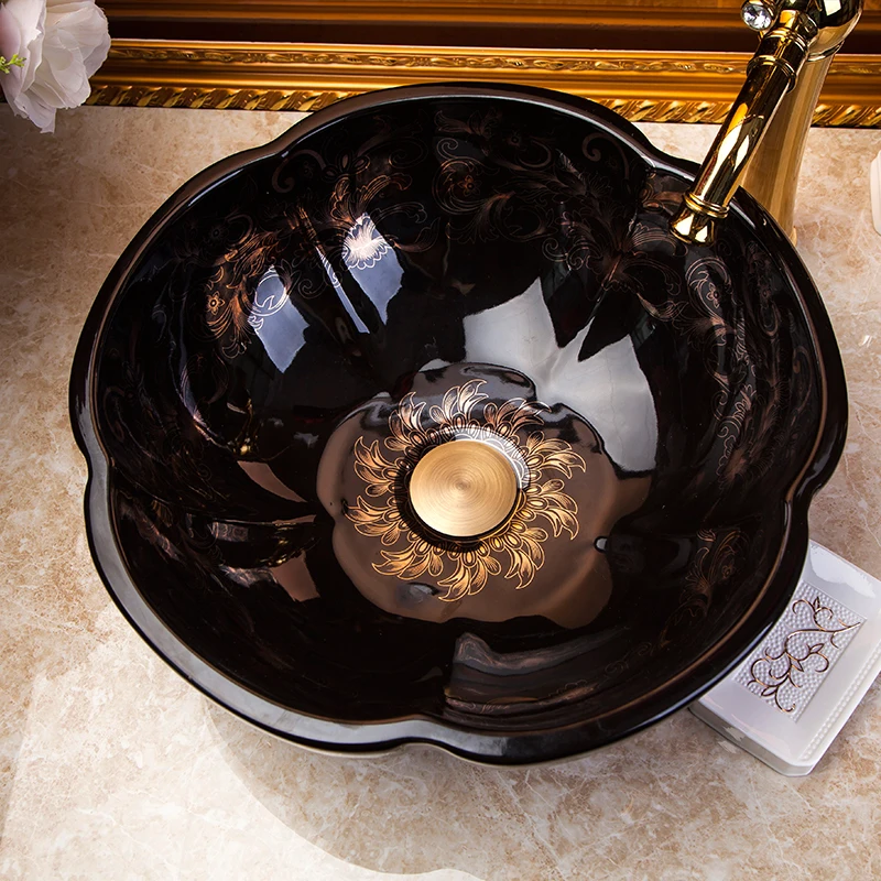 Artistic Black with Gold Floral Design wash basin Ceramic Counter Top Wash Basin Bathroom Sinks bathroom washbasin cabinets