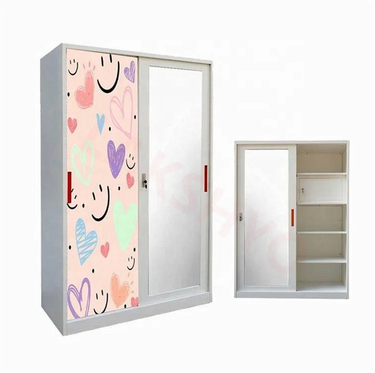 Stainless Steel 2-Door Wardrobe with Sliding Metal Doors Home Furniture Flower Print Storage Cabinet or Lemari Besi