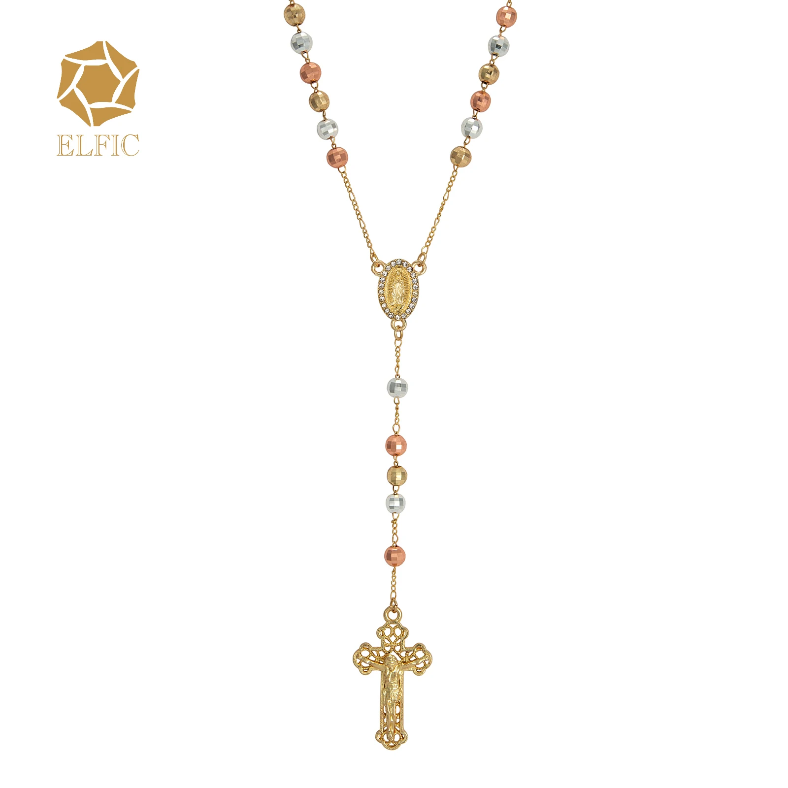 Elfic Gold Plated Three Color Necklace Cubic Zirconia Virgin Mary Necklace rosary necklace