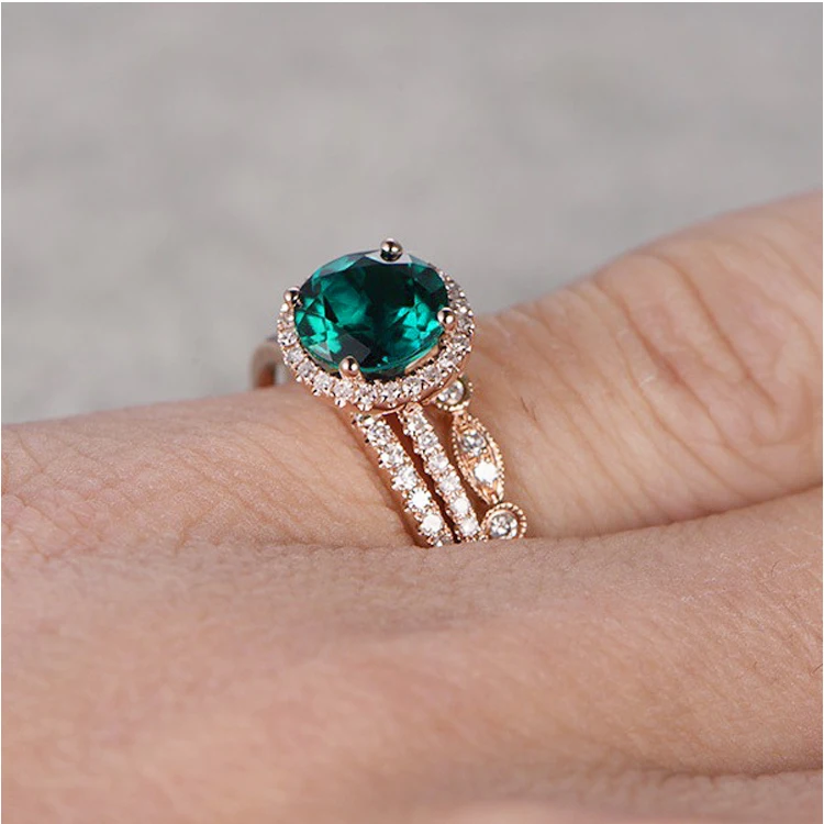 Top sell exquisite  14k rose gold three pieces ring sets for woman engagement emerald diamond ring for girls