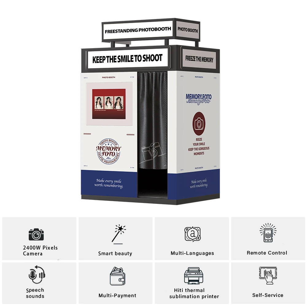 Custom Supplier Mirror Freestanding Photo Booth for Mall Multi-Language & Payment Options Automatic Photo Booth