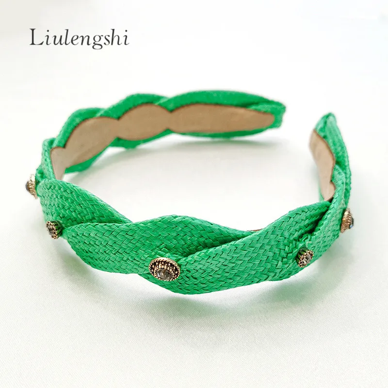 Fashion Summer Season Braid Rattan Woven Hair Band Hair Accessories Beach Raffia Straw Weaving Crystal Headband for Women