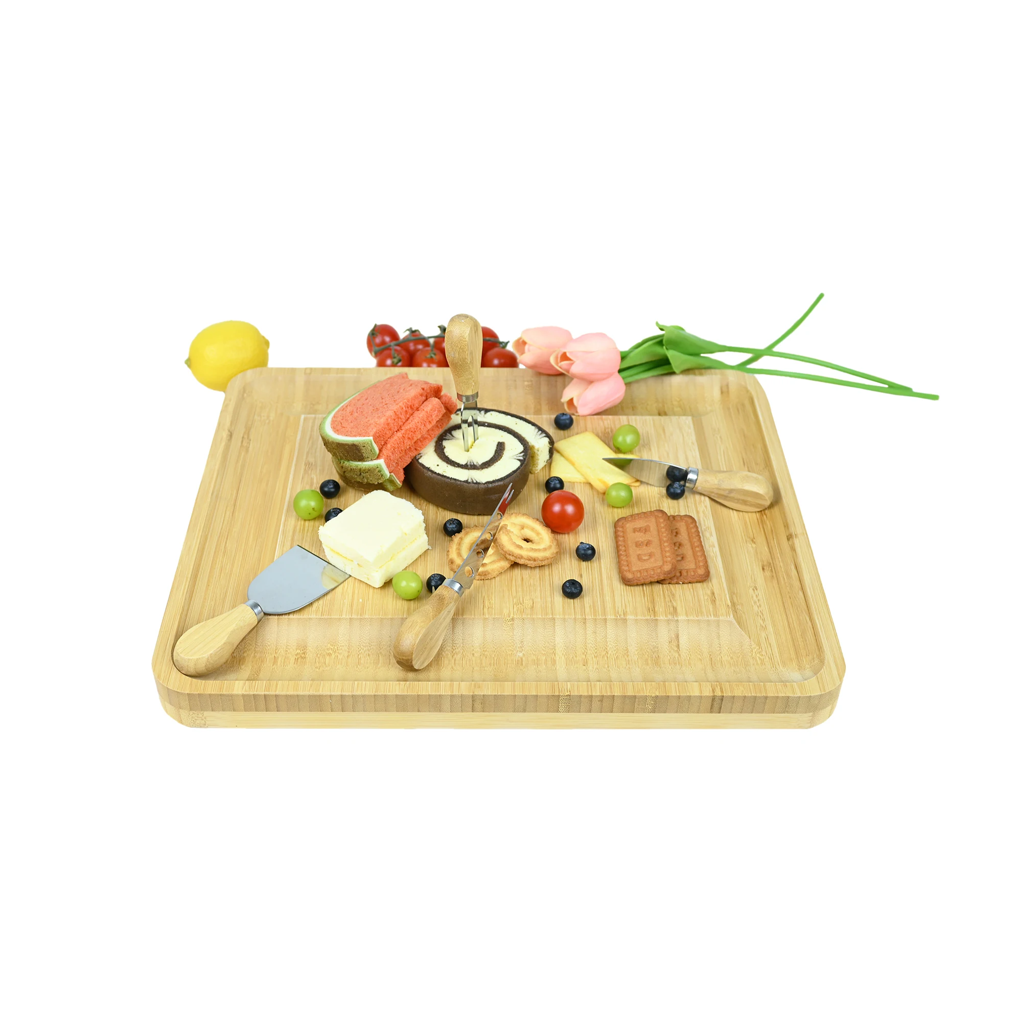 Smooth Surface Reusable Bamboo Cheese Board Set Cutlery Set With 4 Cheese Knife