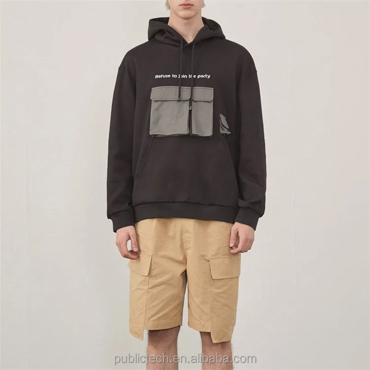 Custom 100% Cotton Draw String Kangaroo Pocket Embroidered Letter Logo Multi Pockets Cargo Color Blocked Men Hoodie