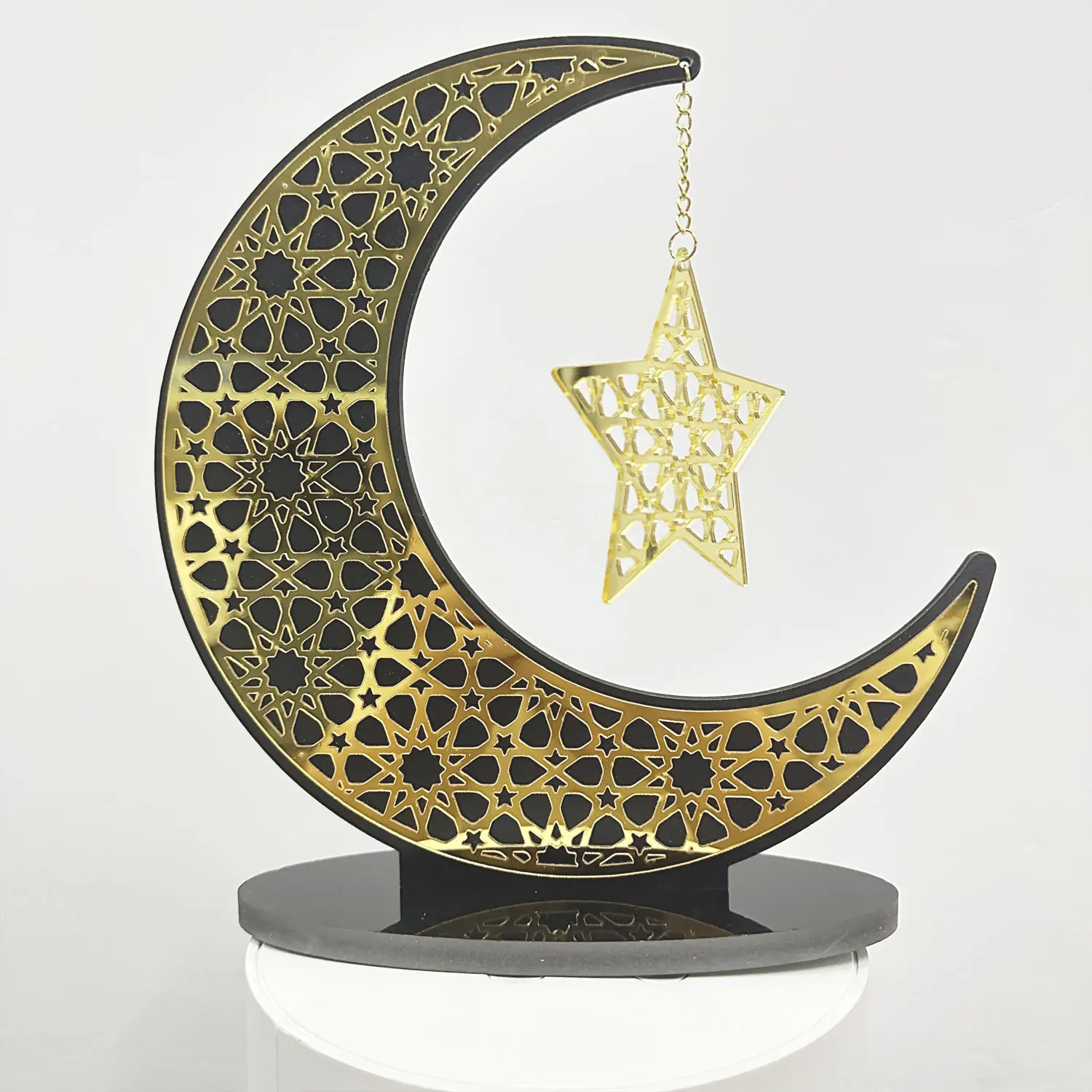 Muslim Eid Mubarak Acrylic Star Wood Decoration Ramadan Gifts Mirror Gold Crescent Star Wooden Table Ornaments
