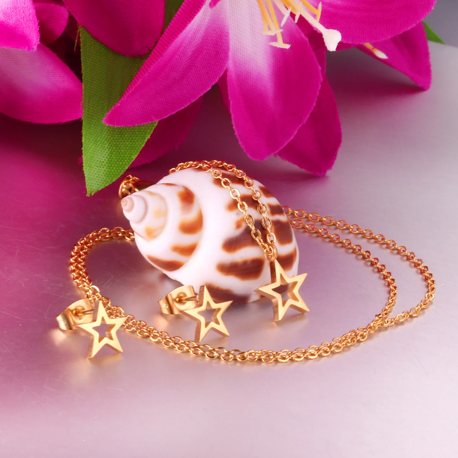Star Shape Pendant Necklace and Earrings for Women Stainless Jewelry Sets