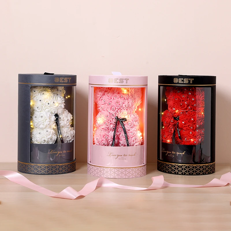 Искусственные цветы из полиэтилена медведи Роза медведь с подсветкой Розовый Медведь Тедди в коробке для Дня Святого Валентина Свадебный Подарок