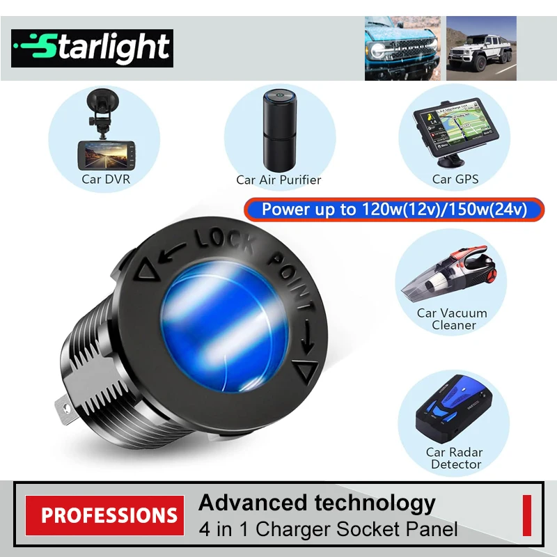 4 in 1 Charger Outlet Socket Panel with Dual QC 3.0 12V USB Power Outlet Voltmeter Gauge Cigarette Lighter Socket ON Off Switch