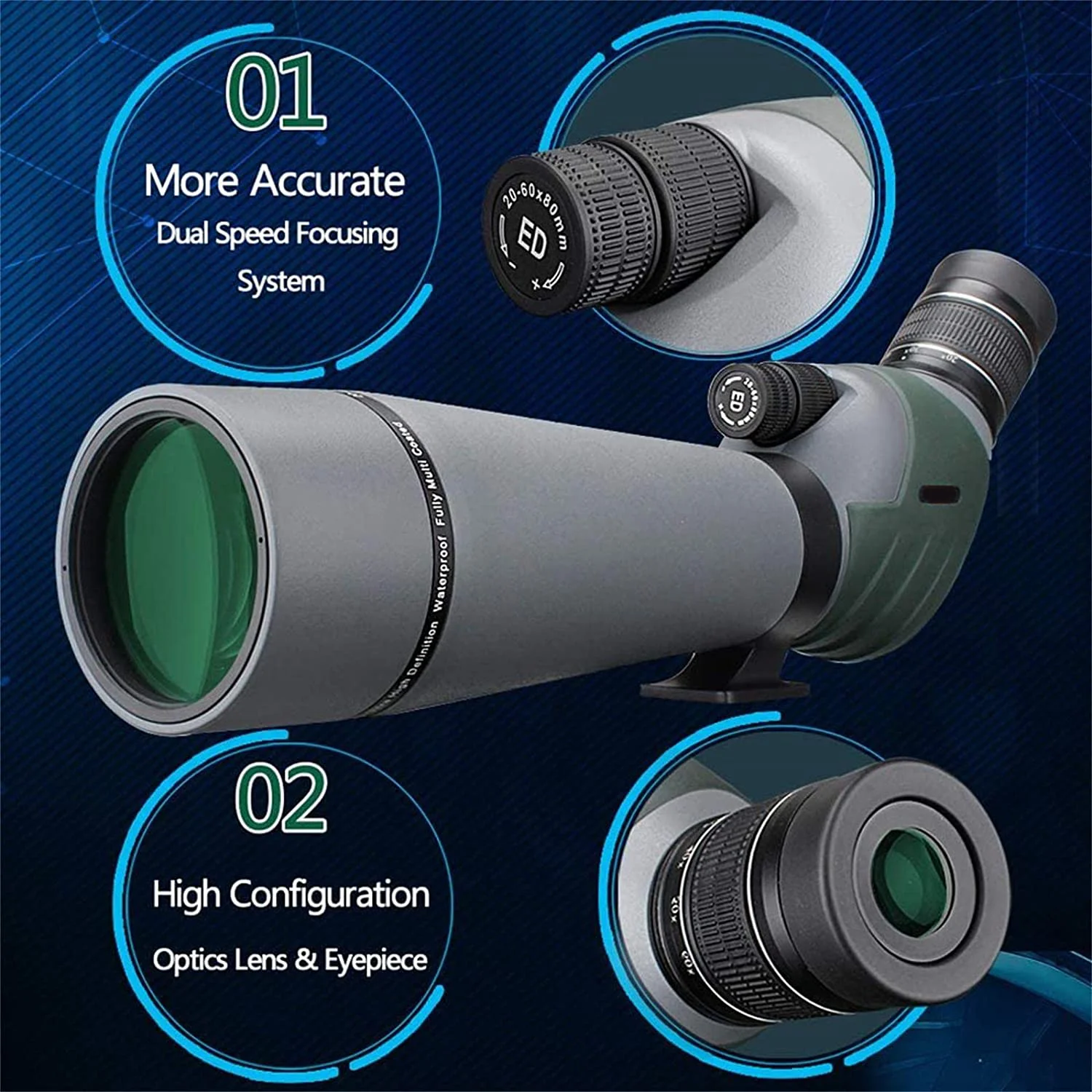 SUNCORE 20-60x80 Dual Focusing ED Spotting Scope - Ultra High Definition Optics Scope with Carrying Case and Smartphone Adapter