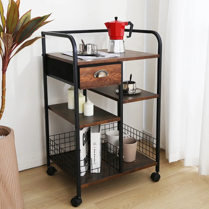 Modern Rustic Wood Kitchen Cart with Storage Drawer Mobile Coffee Table on Wheels Coffee Bar Station for Kitchen