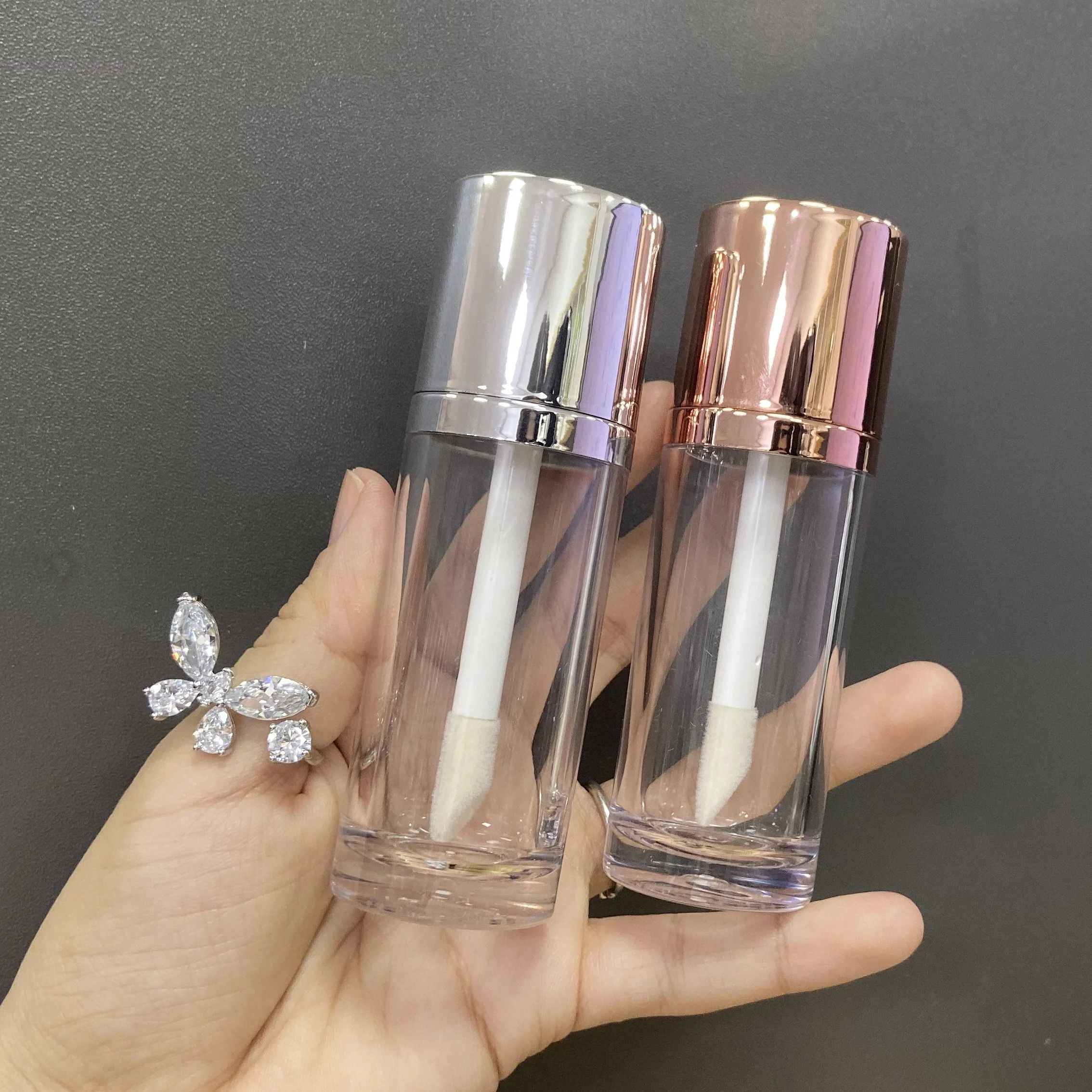 30ml Custom logo OEM Plastic Empty Cosmetic Liquid Foundation Bottle Round Silver clear Stick with Huge Brush Wand
