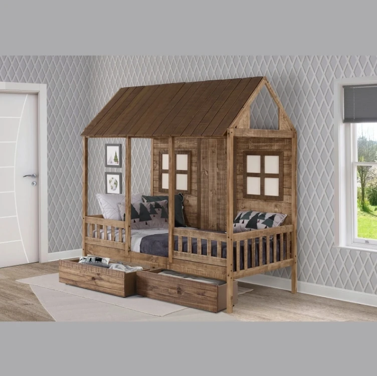 Pine Wood Tent Bed with Roof Design for Toddlers, Twin House Beds with Trundle and Windows Design for Kids