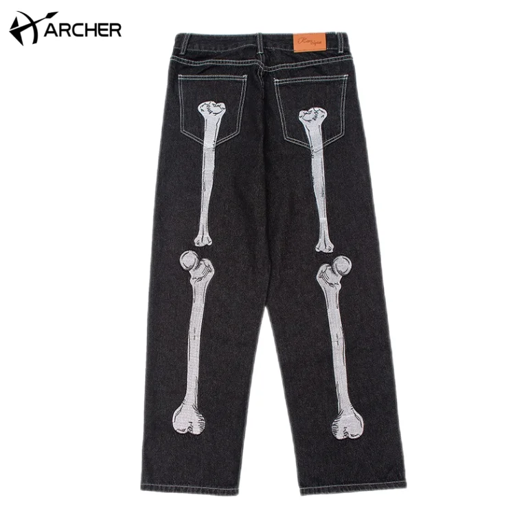 Custom Black Skeleton Embroidered Baggy Jeans Man Loose Wide Leg Fashion Casual Denim Straight Fit Jeans Men