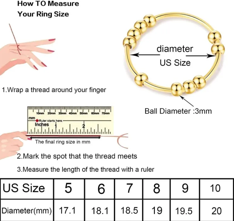 Trendy Jewelry Anti Anxiety Ring Stainless Steel 18k Gold Plated Tiny Beads Fidget Spinner Ring For Women Men