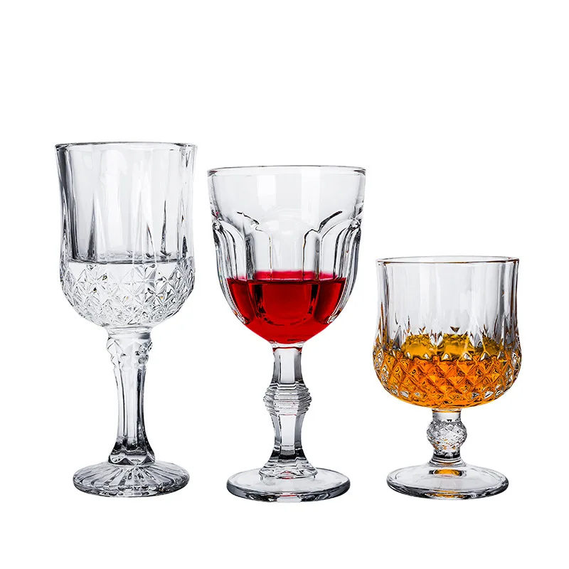 Customizable european style embossed transparent drinking water glass crystal vintage goblet wine glasses cup
