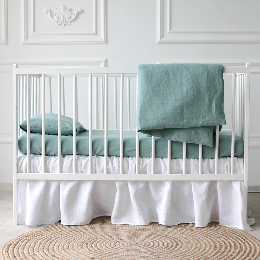 Pure Linen Baby Crib Sheet set Linen Bedding Set Fitted Sheet Duvet Cover linen cot sheet set custom Label size wholesale