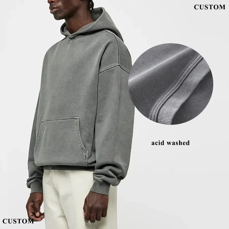 Custom Vintage 500 GSM Sun Faded Fleece French Terry Blank Drop Shoulder Heavyweight Oversized Sand Acid Stone Wash Hoodie