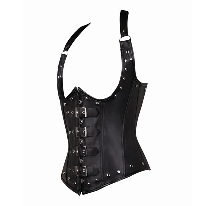 Black Halterneck Lace Up Sexy Women Leather Steampunk Underbust Waist Trainer Corset Bustiers Gothic Lingerie Slimming Top