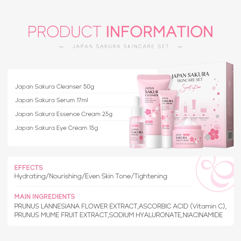 Natural Cherry Blossom Skin care Kit Moisturizing Whitening 4-Piece Combination Japan Sakura SkinCare Set