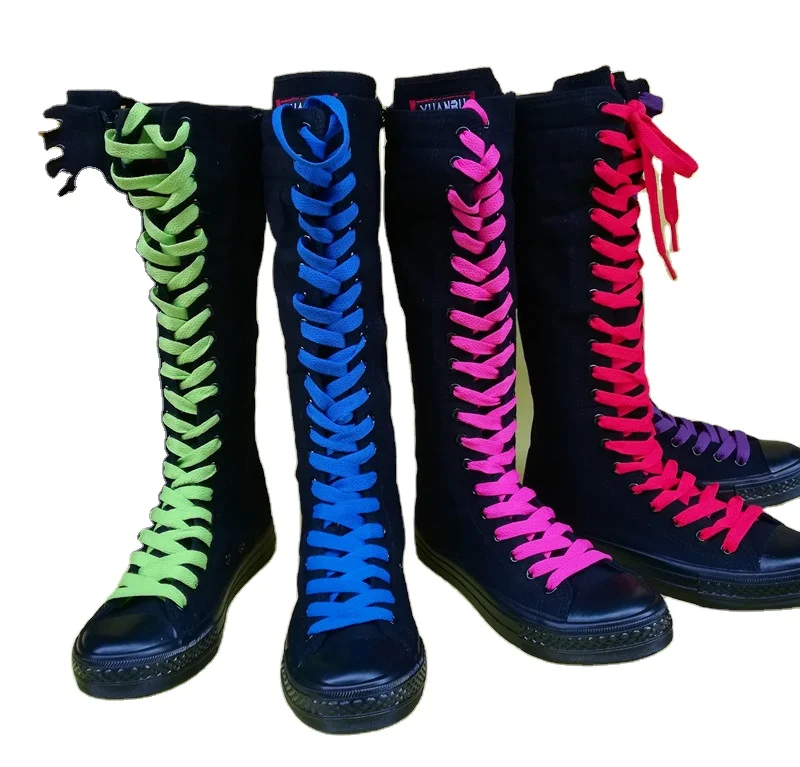 2023 Fashion Knee High Rubber Canvas Shoes Vulcanize Shoes Flat Women High Top for Girls Custom Made