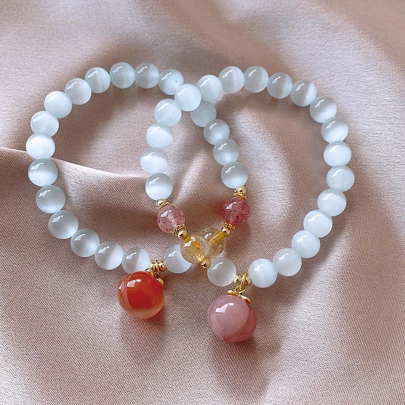 2022 New Elegant Opal Clang Pink Peach Bracelet with Round Beads Sweet Hand Accessories for Women