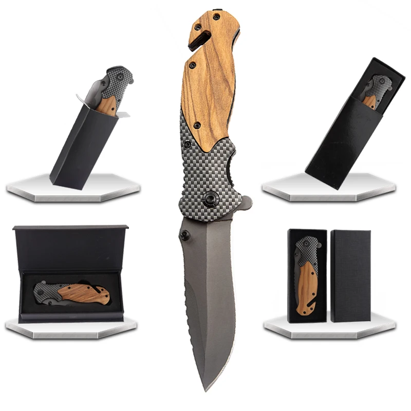 Ready to Ship X50 olive wood handle custom outdoor camping survival EDC knife self defense tactical folding hunting pocket knife
